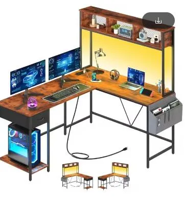 Scrivania A L Con Luci LED E Prese Incorporata | Scrivania Gaming Con Ripiani E Gabbia | Reversibile Con Ricarica USB