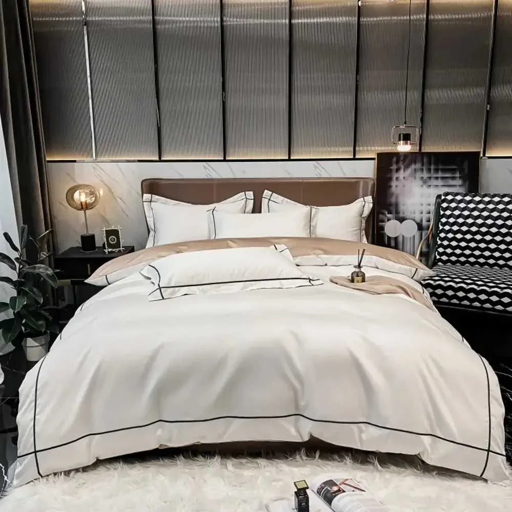 Egyptian Cotton Silky Bedding Set - Solid Color Embroidery Queen King ...