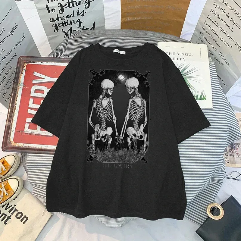 Women's Vintage Skull Short Sleeve T-Shirt - Oversized Loose Fit, Crewneck, Y2K Casual Top - View #9