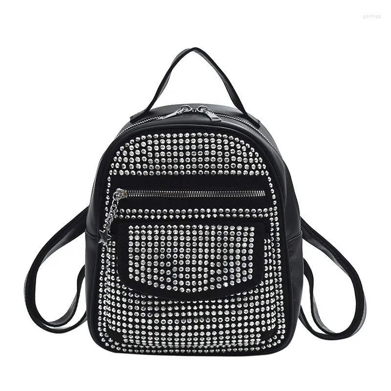 School Bags Luxury Designer Backpack Female Shiny Rhinestone Multi Pocket Leather Rucksack Punk Style Girls Travel Black Small Shoulder Bag