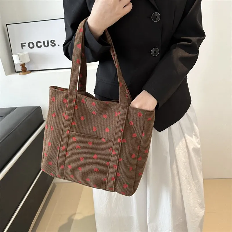 Women's Strawberry Print Corduroy Tote Bag With Zipper - Cute Shoulder Bag For Work, School, Or Travel