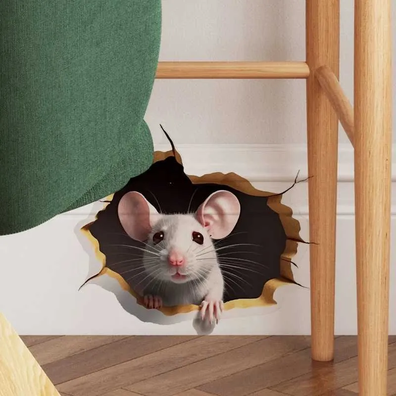 Cute 3D Mouse Hole Wall Decals - Vinyl Stickers For Kids Room, Nursery, Living Room Decor (Mice In Love Design)
