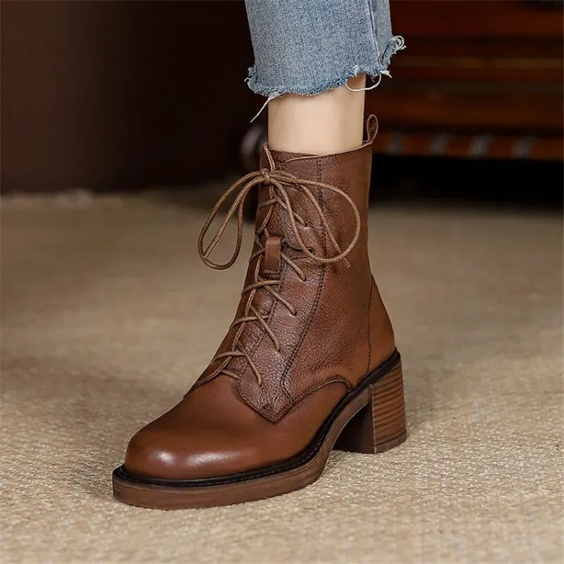 HOMETRUE Women's Lace-Up Combat Boots - Ankle Booties With Heel, Leather Fashion Boots For Everyday Wear
