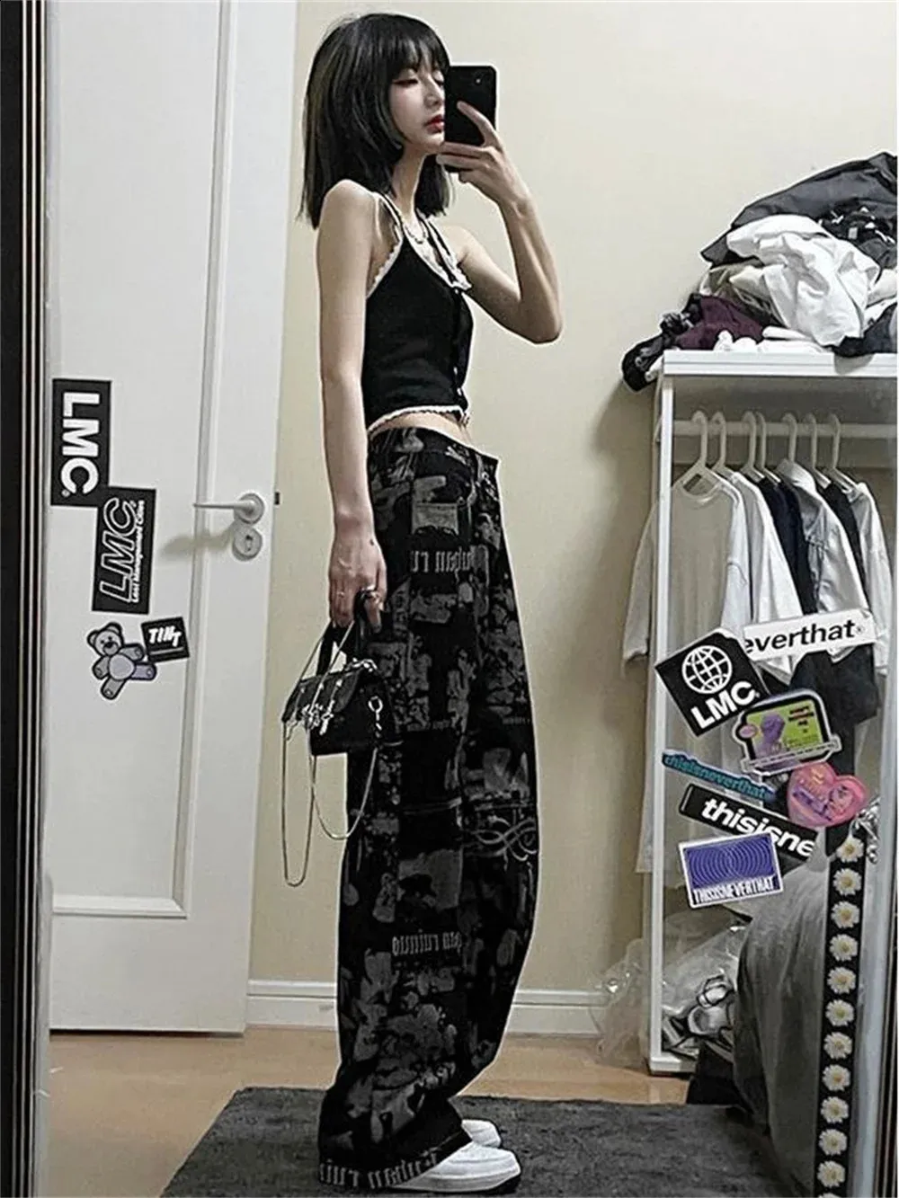 Womens Y2K Graffiti Print Wide Leg Jeans Grunge Goth Style