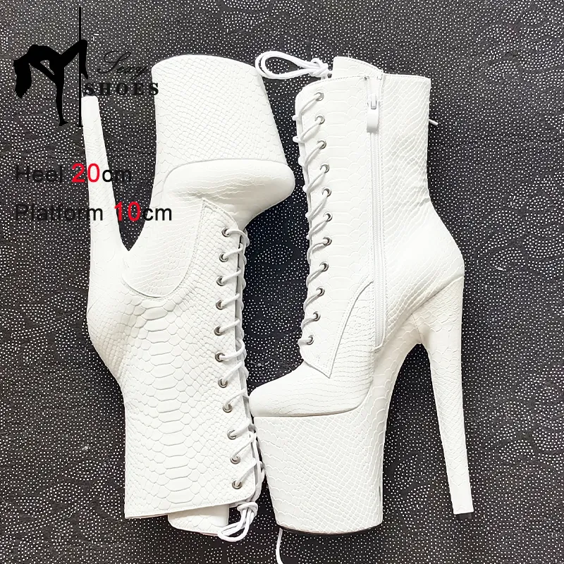 20cm High Heel Ankle Boots: White Python Pattern, Lace-Up, Round Toe ...