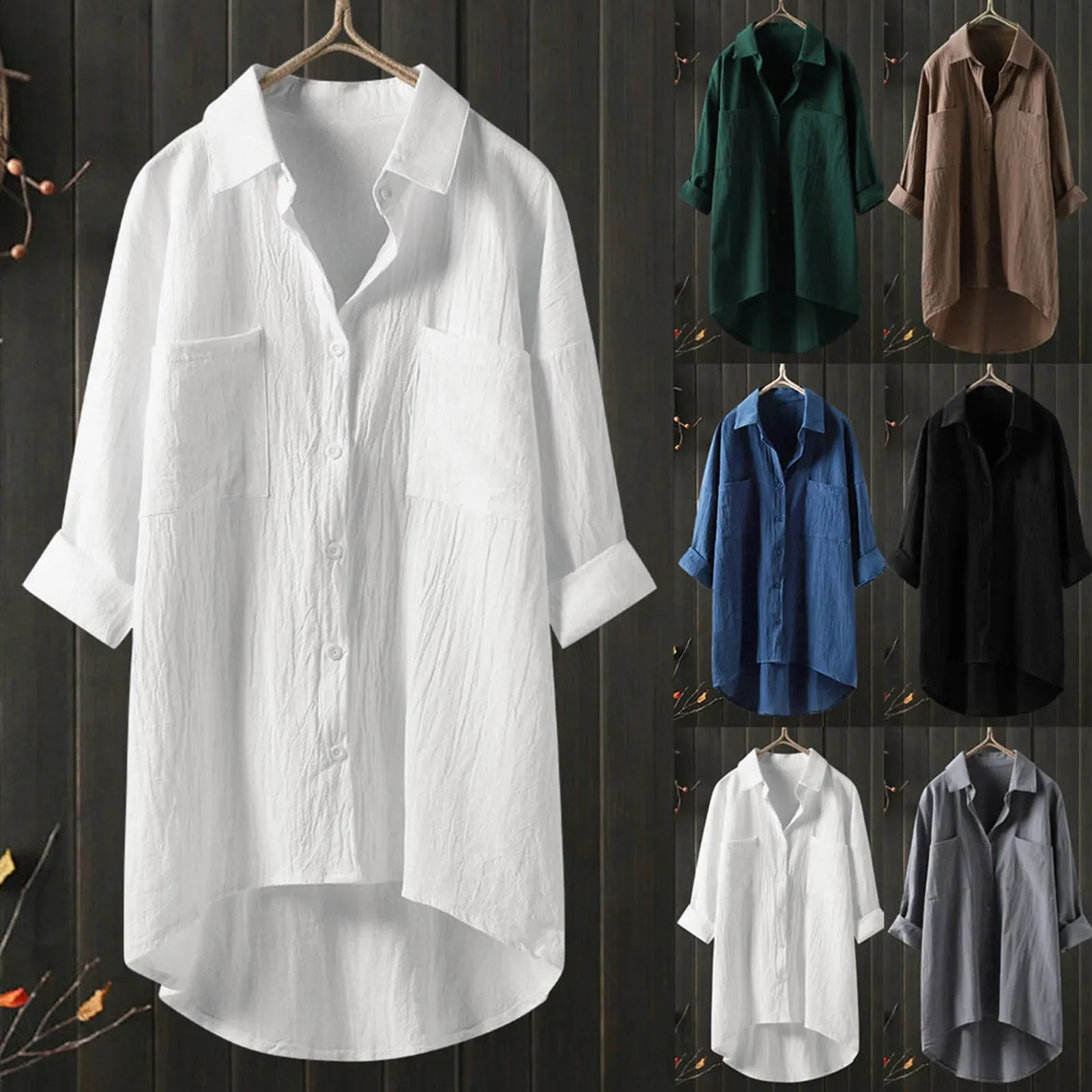 Elegant Cotton Linen Shirts Women Polka Dot Print Button Lapel Blouses