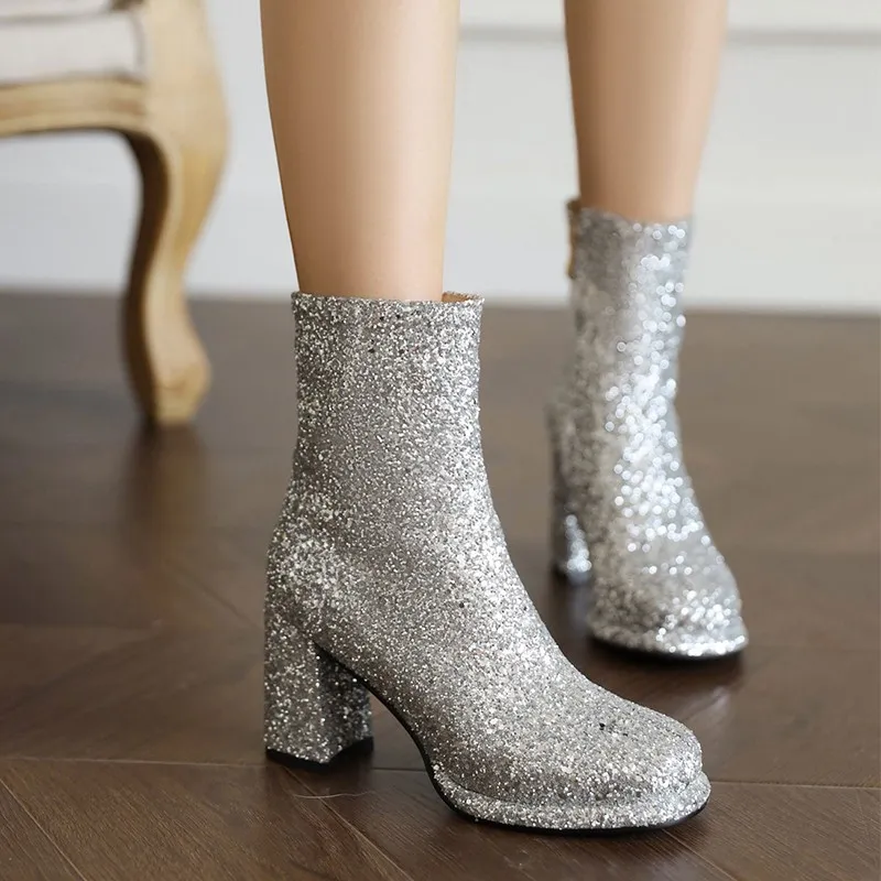 Silver Glitter Sparkling Booties Glitter Ankle Boots: Sexy High