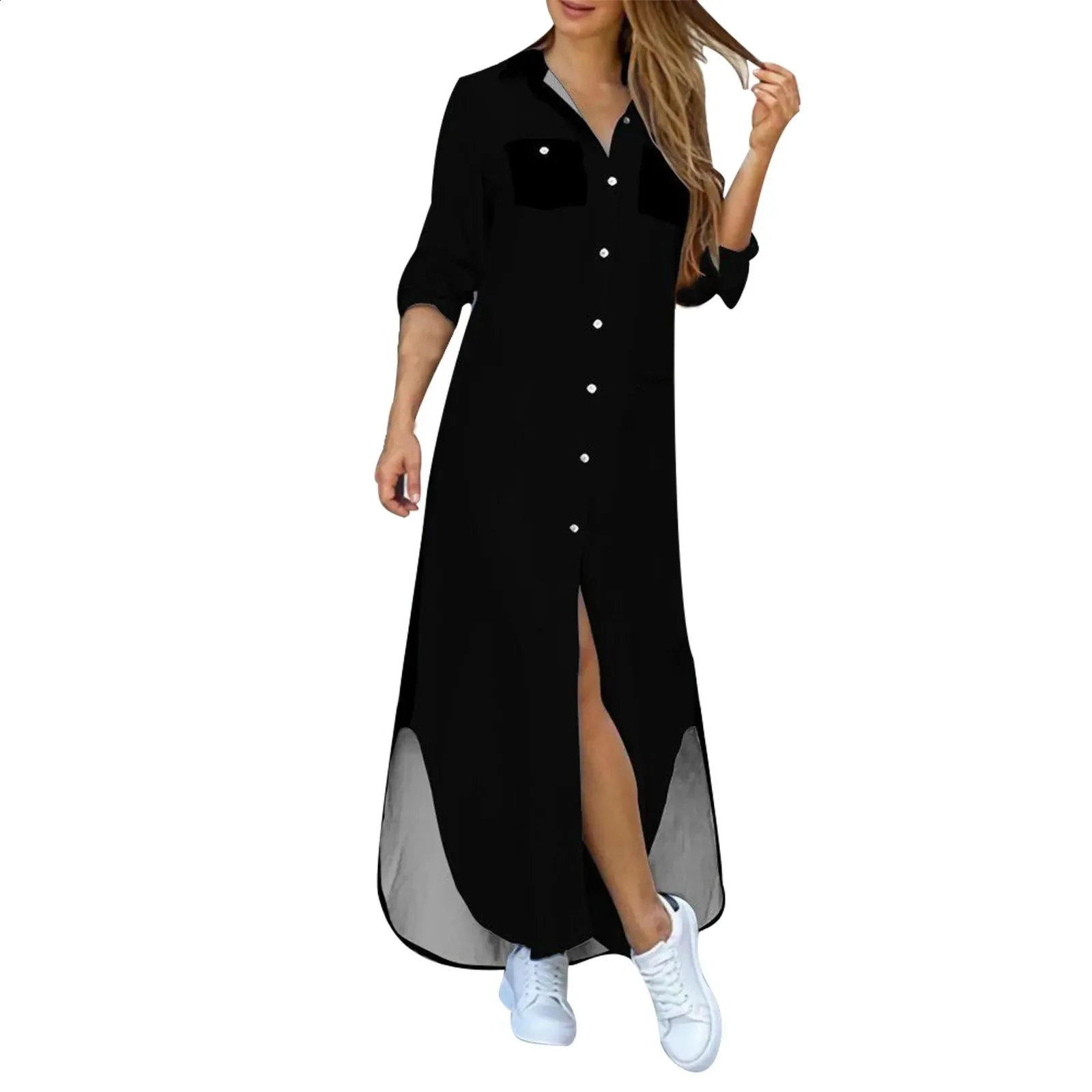 button up dress long Taupe Front Maxi with Tie Waist & Pockets sleeve length 24.2 in L Shirt Maxi Dresses | Shop