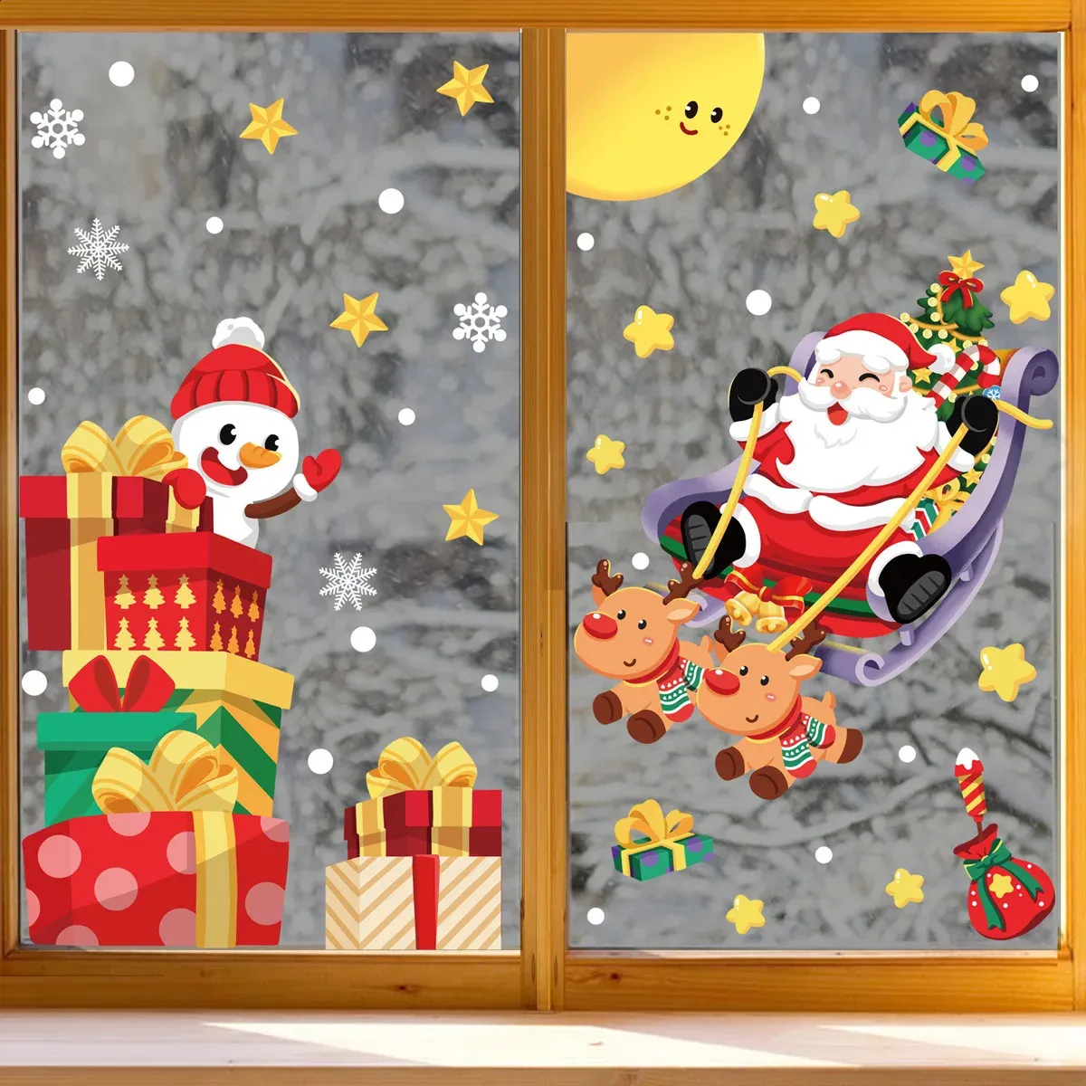 Autocollants Muraux Noël - Père Noël Cartoon Avec Effet Mur Cassé, Déco Amovible Pour Fêtes