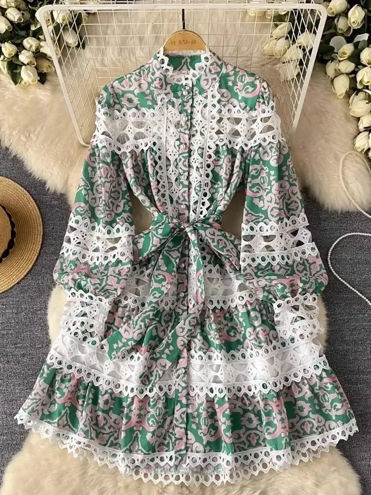 Holiday Crochet Lace Stitching Hollow Out Floral Print Mini Dresses Summer Womens Stand Long Lantern Sleeve Lace Up Clothing240730 Holiday Crochet Lace Stitching Hollow Out Floral Print Mini Dresses Summer Womens Stand Long Lantern Sleeve Lace Up Clothing240730