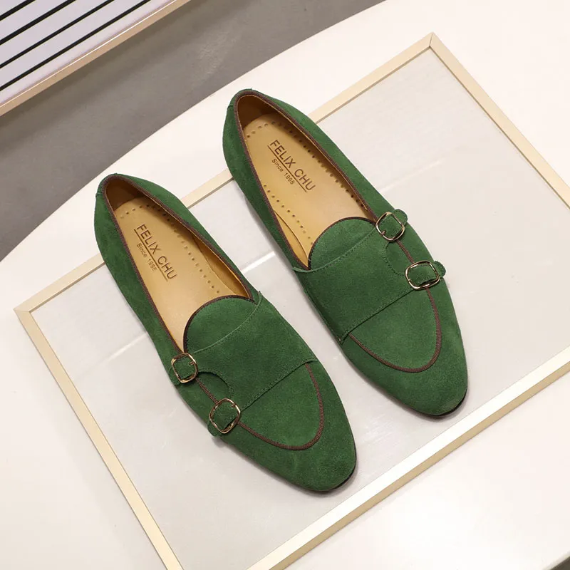 Green Suede Slip-On Loafers with Monk Strap Double Monk Strap Shoes Green Color Suede Slip on Mules main image 2