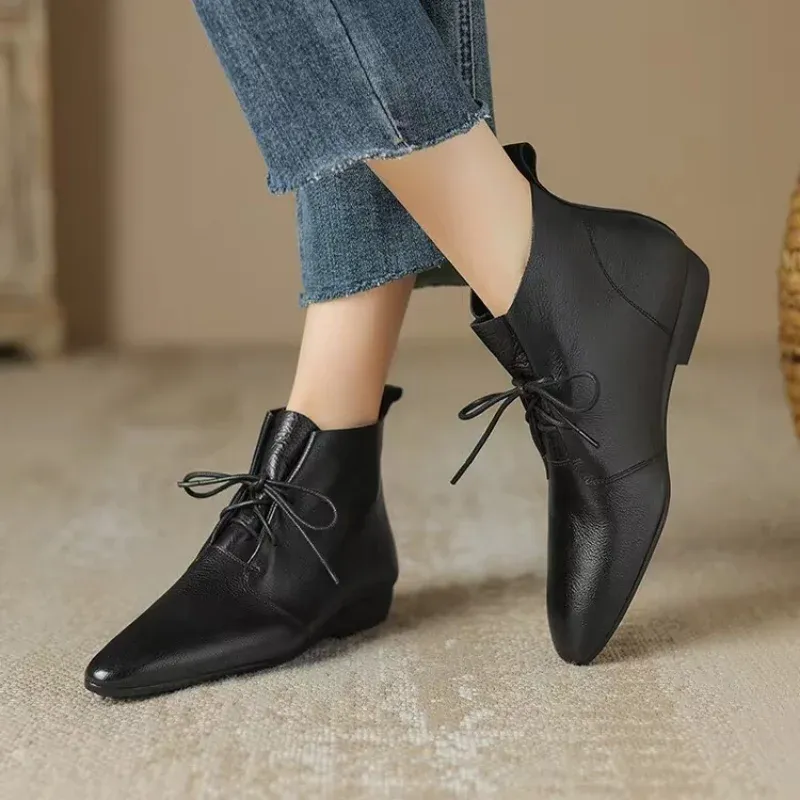 Low Heel Ladies Flat Black Leather Ankle Boots Women 27s Flat Ankle Boots  Leather Lace-up