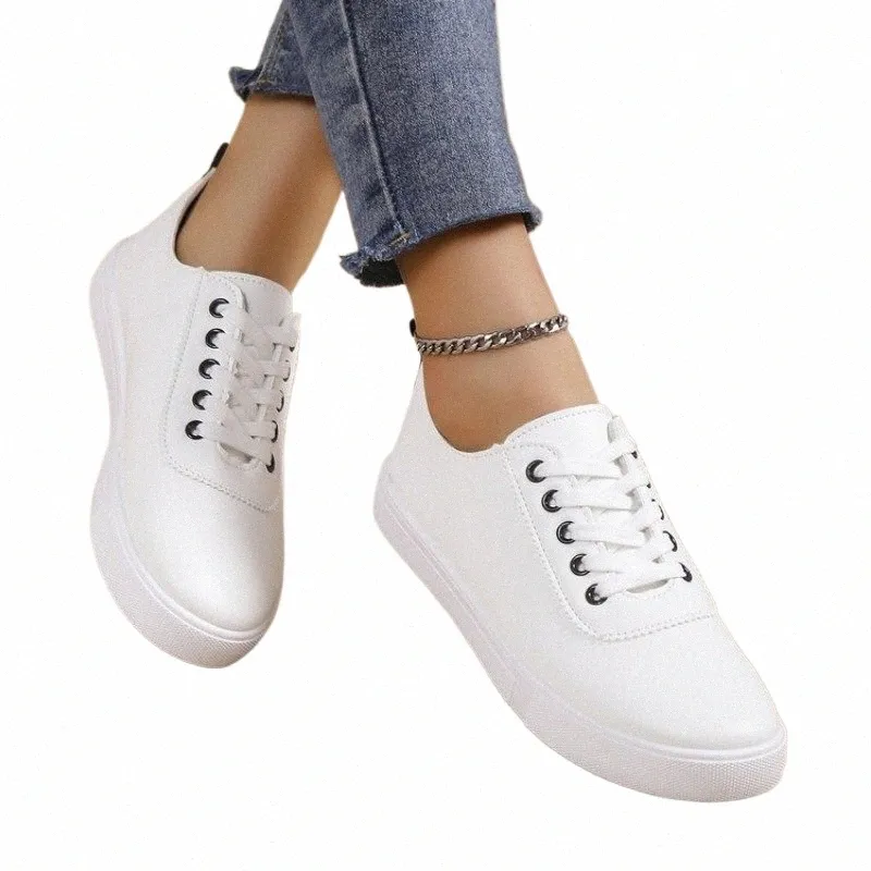 Womens White Sneakers Spring Autumn Lace-up Tennis Shoes, Solid