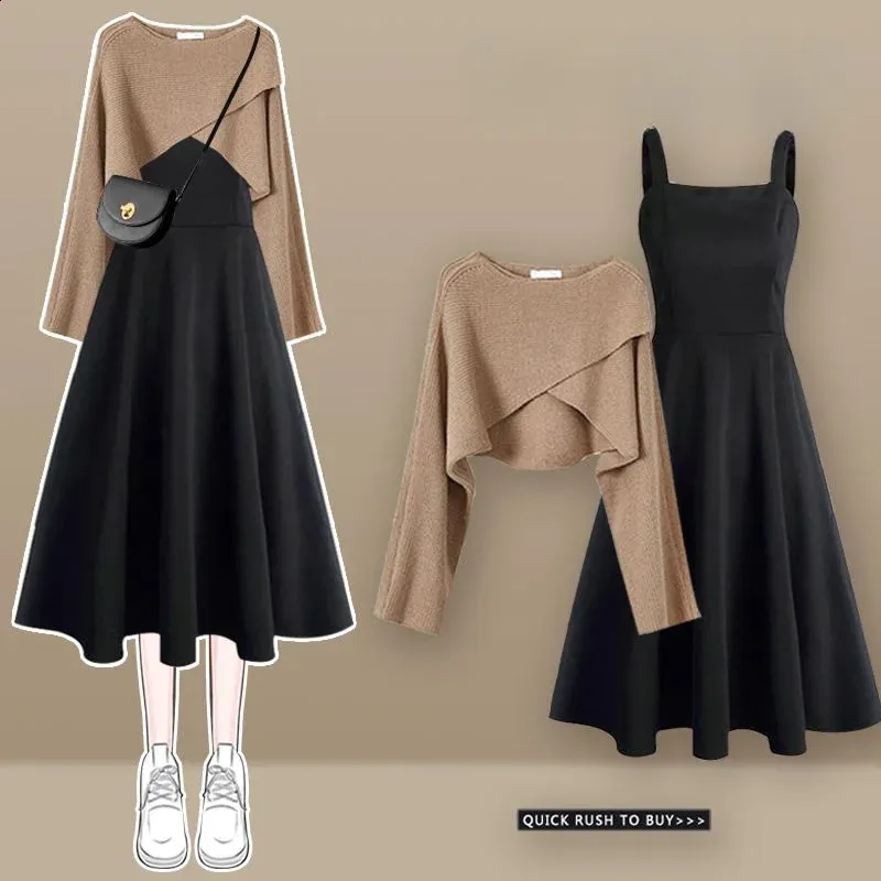 Two Piece Sweater Dress Set Women Casual Korean Long Sleeve Short Sweater  and High Waist Mid-Calf Dress from Dhgate Two Piece Dress - price 115.21