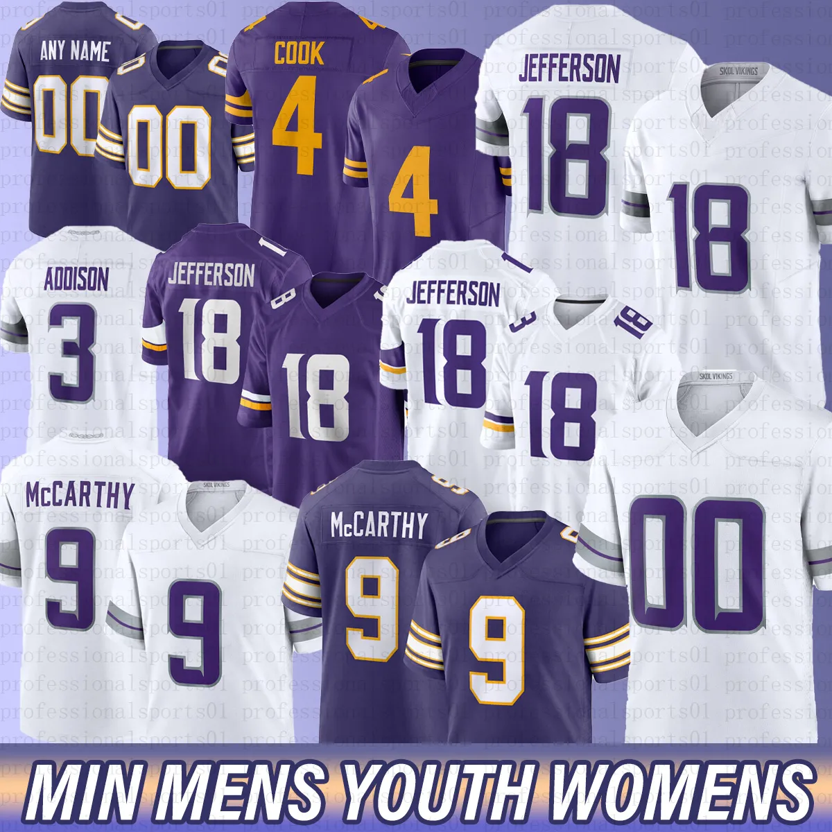 Save Big on Bulk Justin Jefferson Vikings Jersey McCarthy Justin  Jefferson Hockenson Vikings Football Jersey Aaron Jones Addison Andrew 