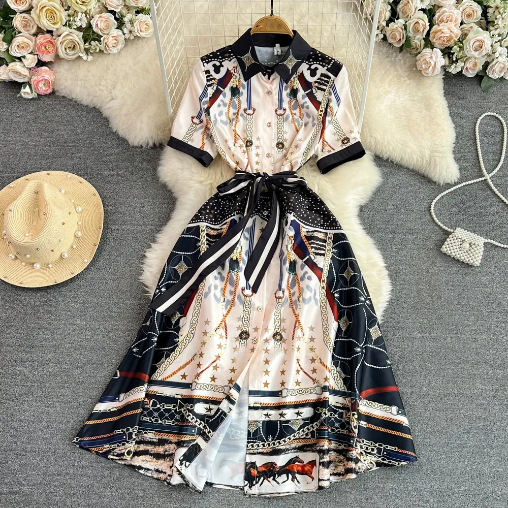 Summer Short Sleeve Chiffon Midi Dress Womens Star Chain Horse Printed  Single Breasted Sashes Lace Up Vestidos from Dhgate Basic & Casual Dresses  - price 57.69