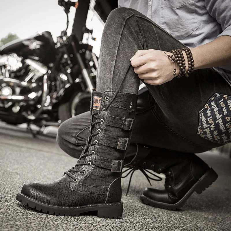 Luxury Leather Motorcycle Boots Stylish Lace Up Men s Boots for Cycling and Fashion
