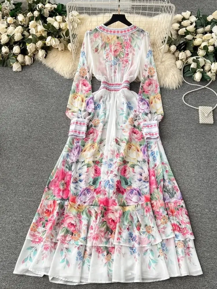 2024 Floral Print Chiffon v neck dress with Ruffles and Deep V-Neckline for Women - Sexy and Elegant Boho Robe Vestido 2024 Floral Print Chiffon v neck dress with Ruffles and Deep V-Neckline for Women - Sexy and Elegant Boho Robe Vestido