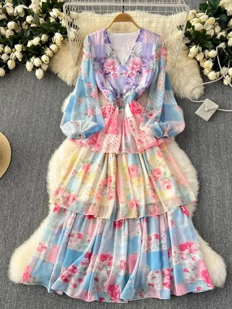 Bohemian Floral Print Chiffon Dress with Cascading Ruffles and Lantern Sleeves for Women