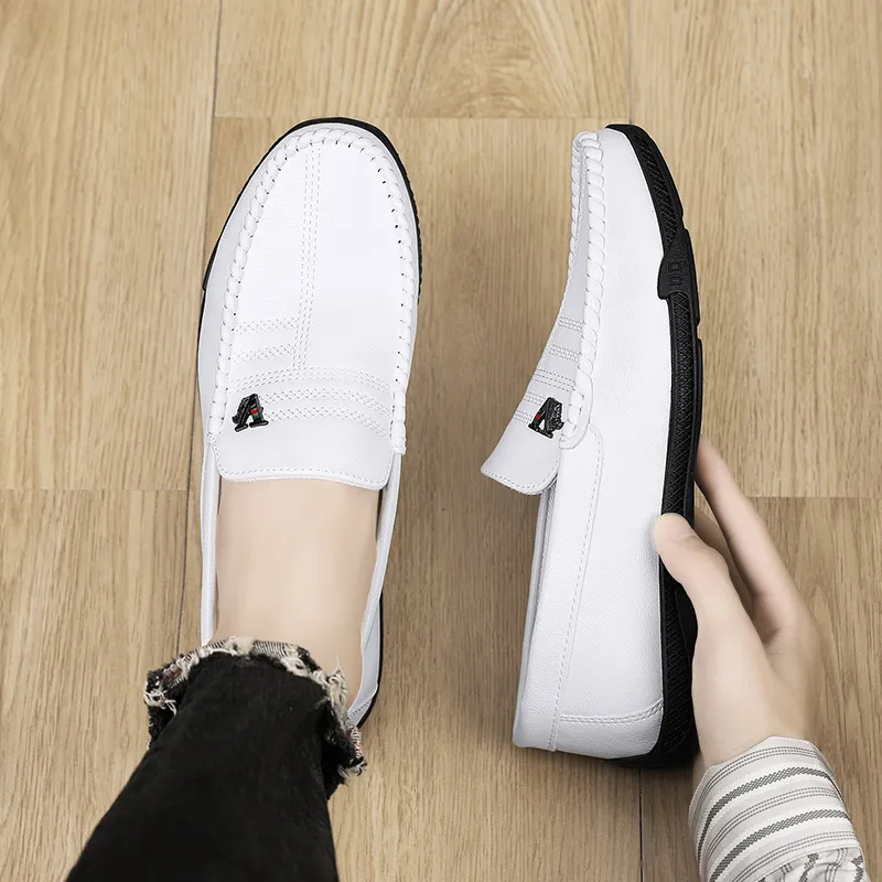 Neu Weiß Leder Casual Marke Schwarz Formale Kleid Designer Männer Loafer Atmungs Slip auf Fahren Schuhe_voghion.com
