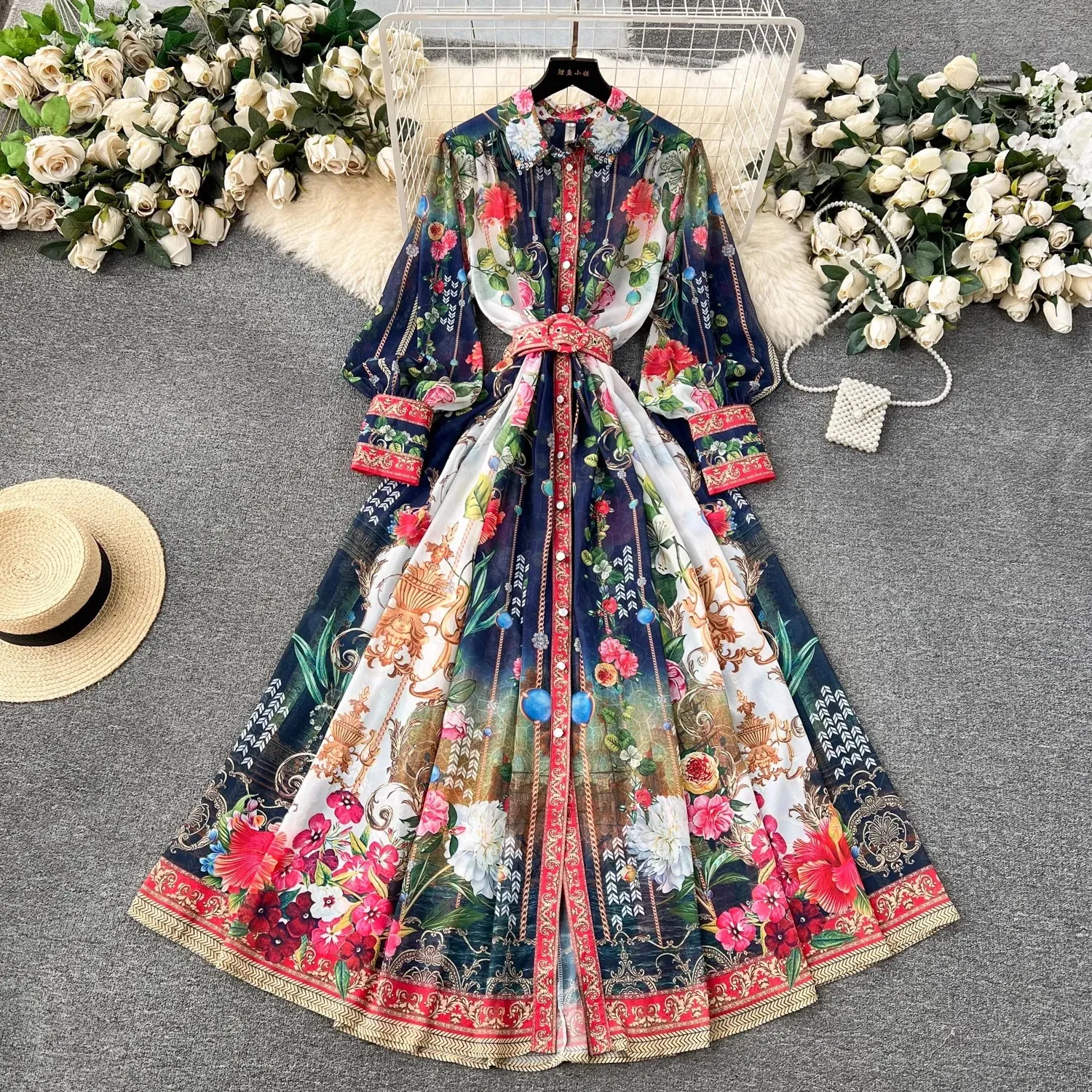 knee length dresses for ladies Nuichan women's chiffon maxi dress, long sleeve floral dress in green