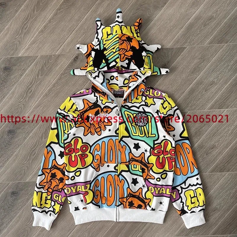 Vintage Glo Gang Style Full Zip Hoodie - Blue Cartoon Camo Print