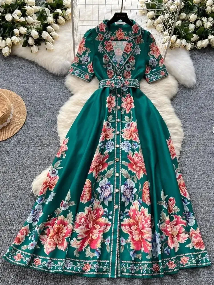 Vintage Court Floral Print dress with Pearls and Single Breasted Belt for Women - Boho Maxi Robe