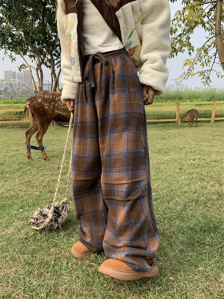 QWEEK Womens Vintage Brown Plaid Pants Wide Leg From