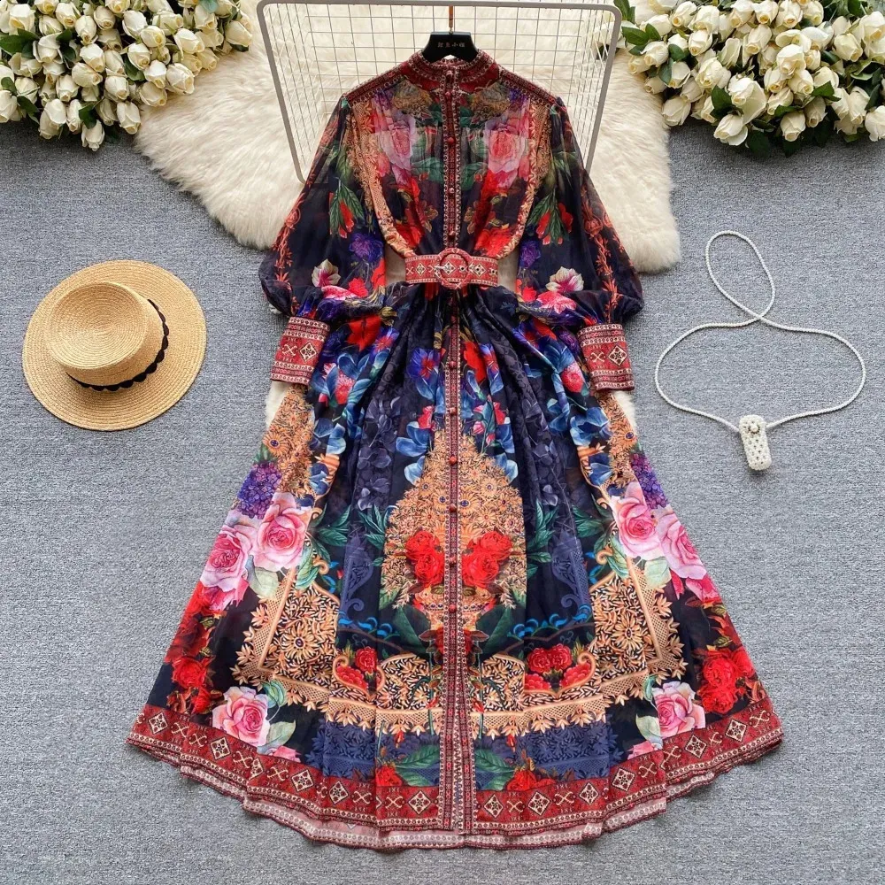 autumn patchwork dress a line Anewsta Elegant Lace Patchwork Long Sleeve Round Neck A-Line Dress, Autumn/ Winter