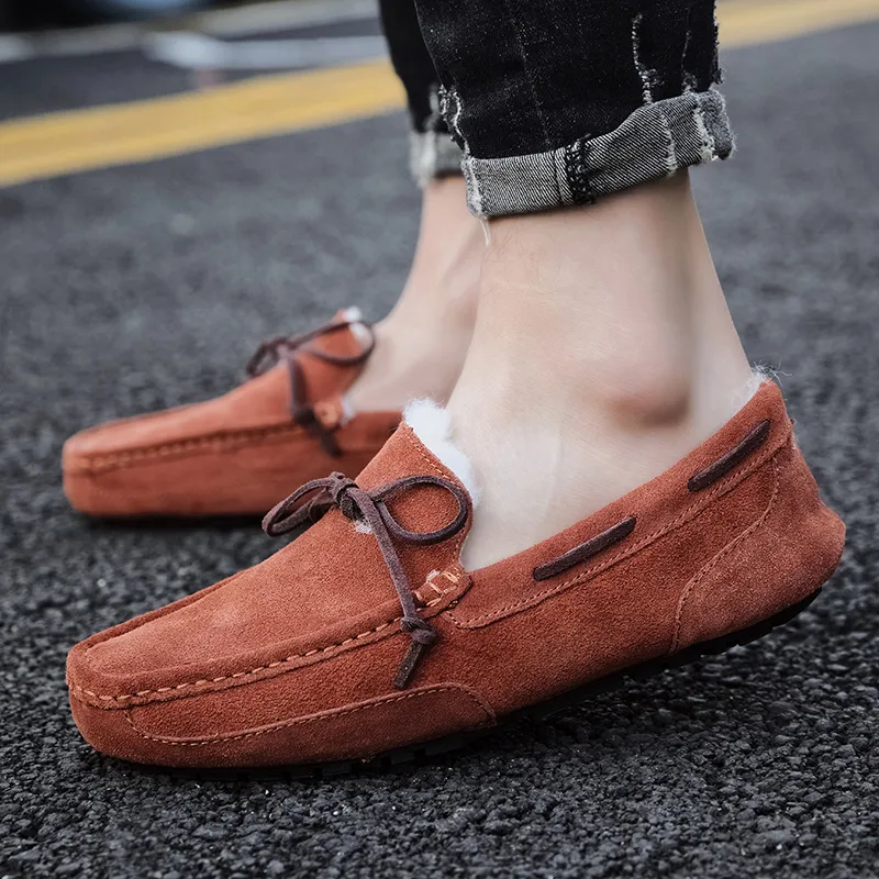 Mocasines de ante afelpado para hombre, informales, de marca, cálidos, de piel, para invierno, sin cordones, planos, para conducir, náuticos_voghion.com