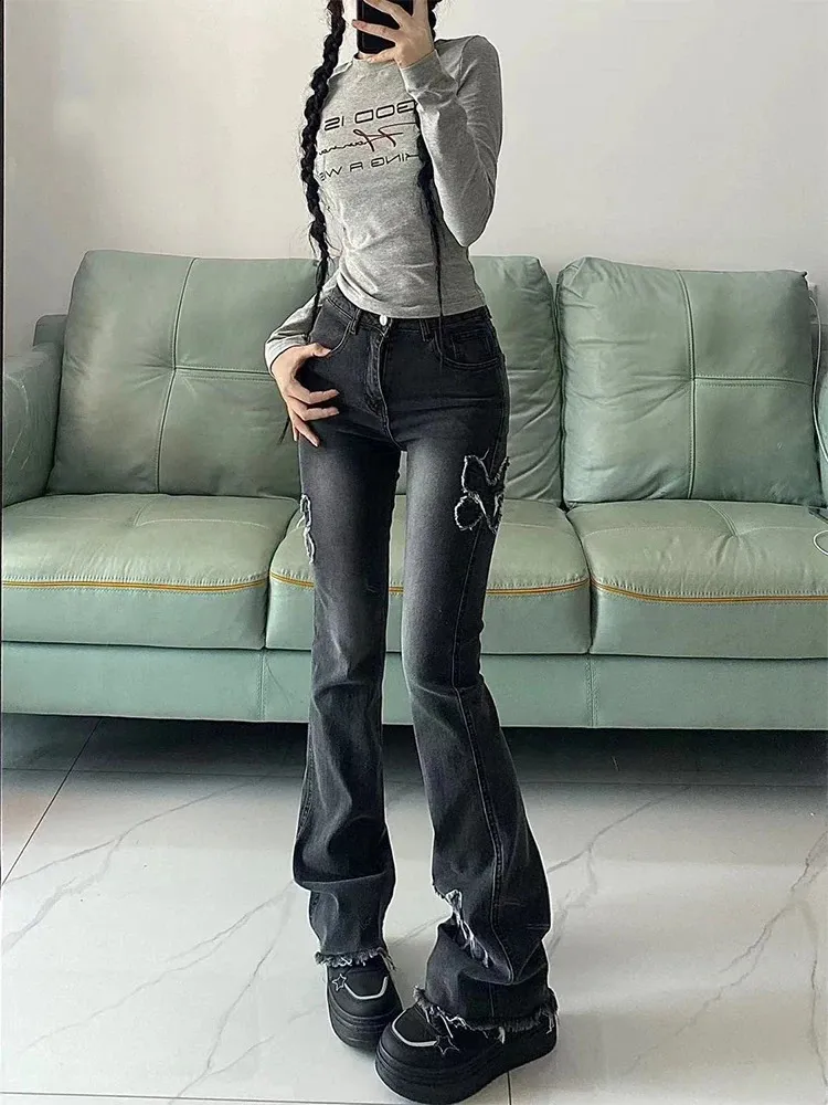 Womens Grunge Y2K Low Rise Flare Jeans Vintage Washed Denim