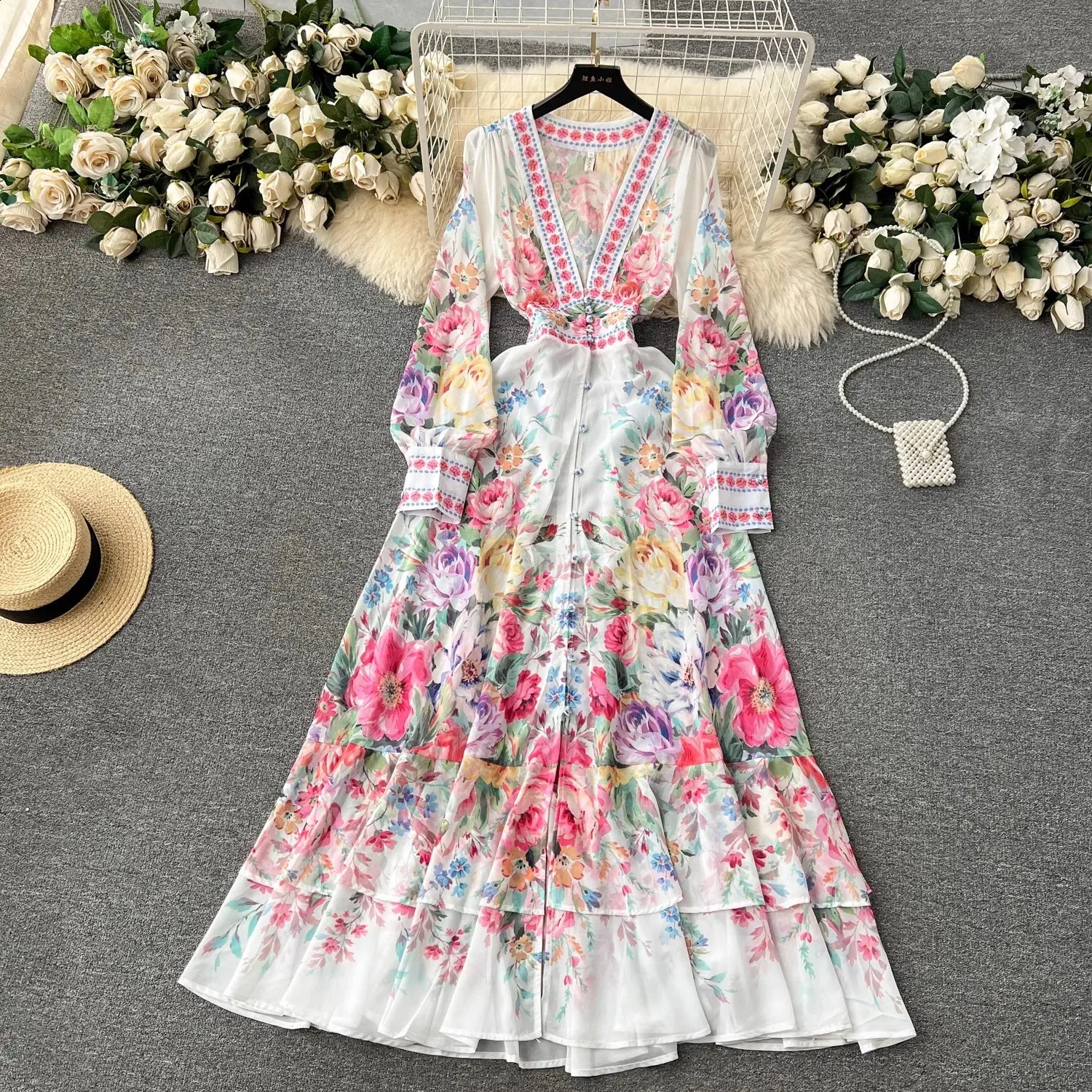 Long floral chiffon gown floor-length dress with single breasted closure  and short sleeves from Dhgate Basic & Casual Dresses - price 64.03