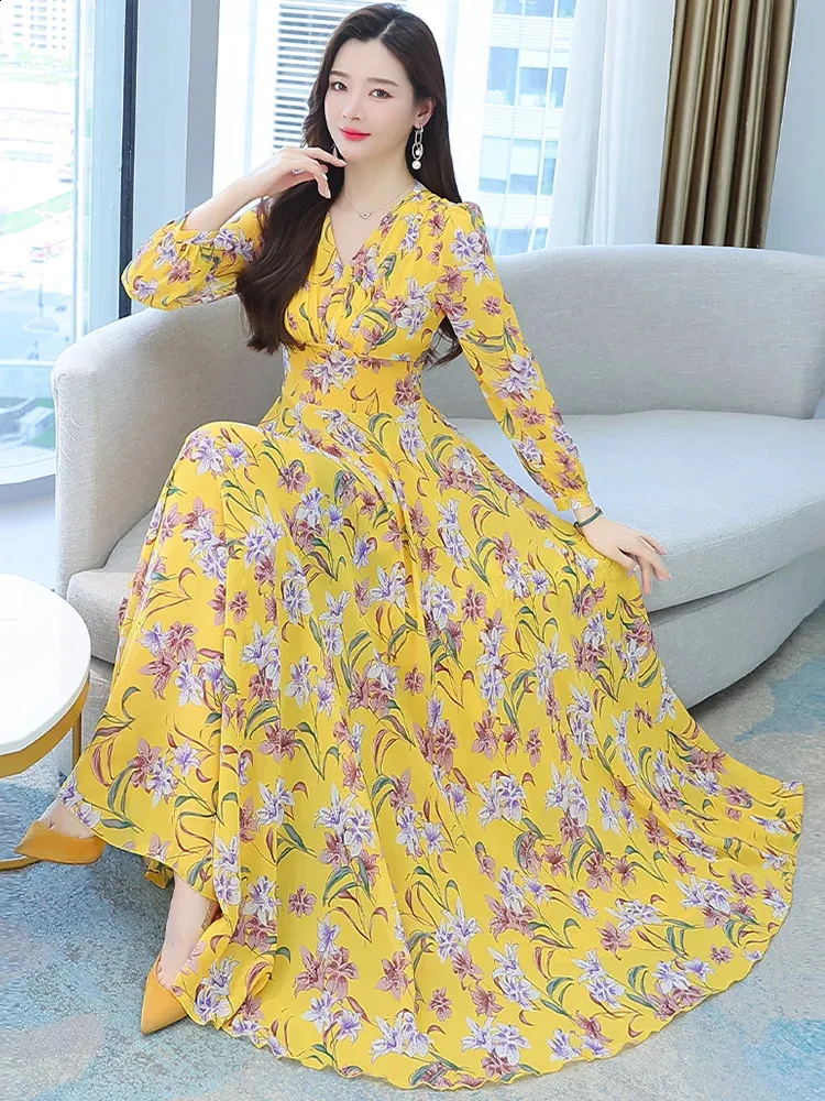 Korean Style Yellow Floral Chiffon Floral Chiffon Maxi Dress for Women - Elegant Long Sleeve Evening Gown for Parties Yellow Floral Dress Formal Womens Chiffon Maxi Dress For Elegant Spring \u0026  Summer Events From Piao02, $23.8 In Bulk | DHgate.Com