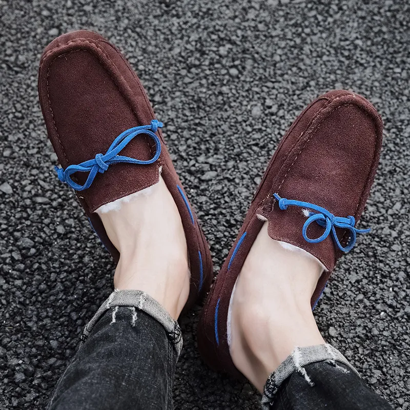 Mocasines de ante afelpado para hombre, informales, de marca, cálidos, de piel, para invierno, sin cordones, planos, para conducir, náuticos_voghion.com
