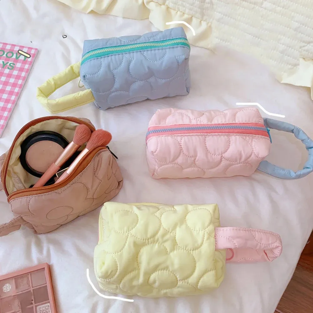 2024Ins Fabric Makeup Bag Portable Wrist Cosmetic Pouch for Women Cute Candy Color Toiletry Organizer for Student Travel Pencil Case