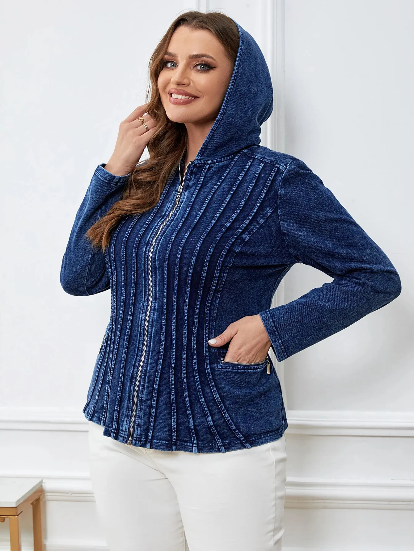 Plus Size Women's Hooded Shirt Blue Cotton Linen Vintage Style
