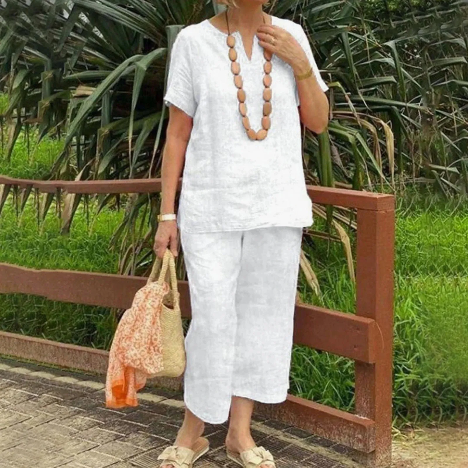 Stylish Cotton Linen Women's Summer Set in with Wide Leg Pants and Loose Fit - Perfect for Two-Piece Casual Wear (240729)