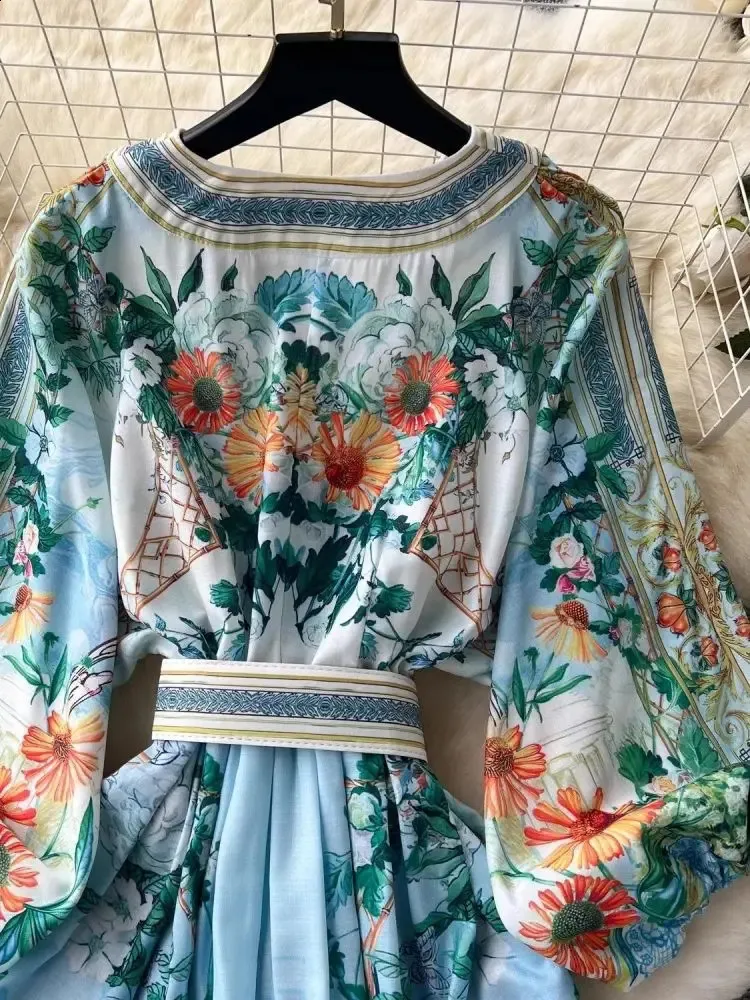 Gorgeous Floral Print Linen Dress for Women - V Neck, Long Lantern Sleeves, Single Breasted, Autumn/Holiday Robe Vestidos