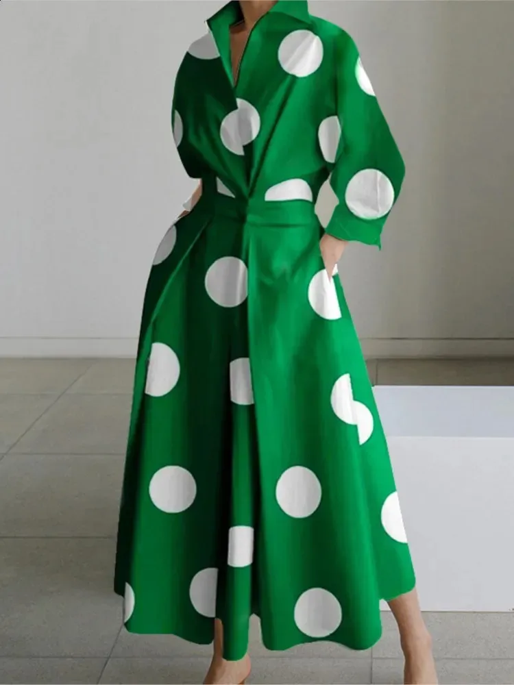 Elegant Polka Dot Print Autumn dress for Women - Long Sleeved, V-Neck, White Casual Shirt - Perfect for Parties - Style 240828
