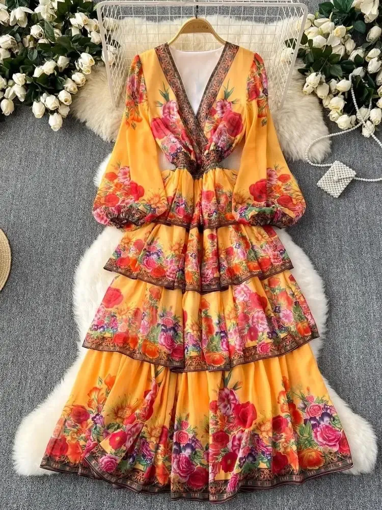 Bohemian Floral Print Chiffon Dress with Cascading Ruffles and Lantern Sleeves for Women Bohemian Floral Print Chiffon Dress with Cascading Ruffles and Lantern Sleeves for Women