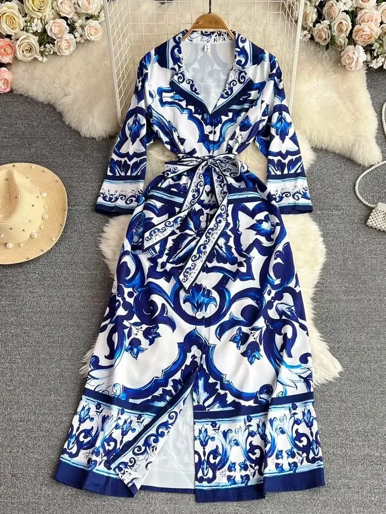 Blue and White Porcelain dress with Notched Collar and Single Breasted Lace-Up Pocket - Women's Fashion Clothing