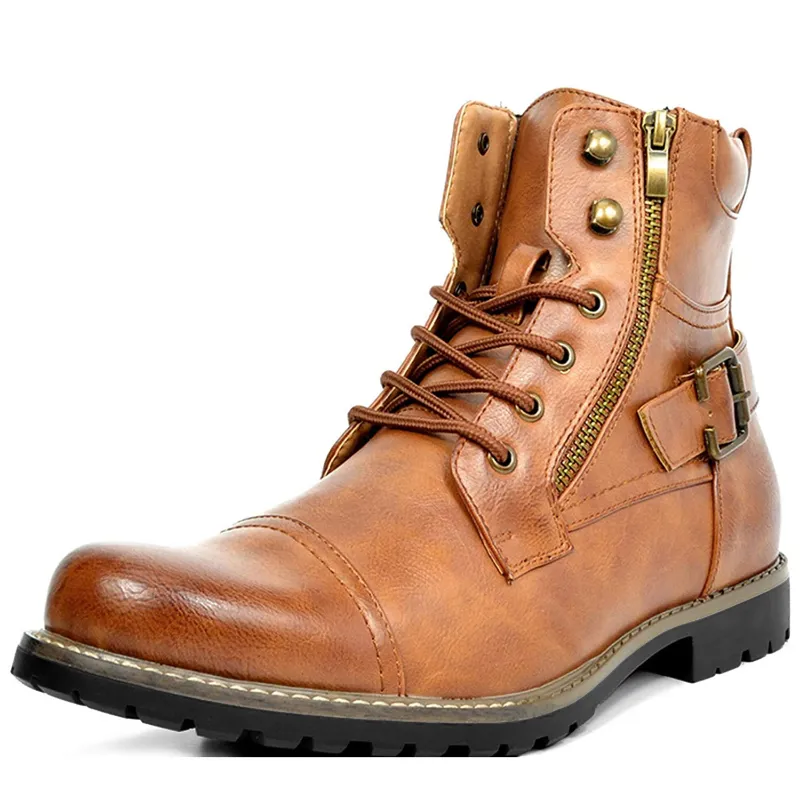 Men's Leather Motorcycle Boots with Double Zipper Casual Ankle Boots for  Men Tactical Style