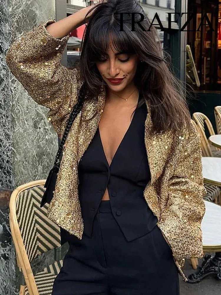 TRAFZA Women's Shiny Sequin bomber jacket - Y2K Gold TRAFZA Women's Shiny Sequin bomber jacket - Y2K Gold