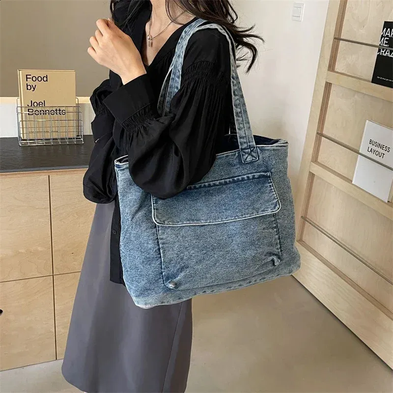 Large Denim Tote Bag: Y2K Style Womens Canvas Shoulder Bag