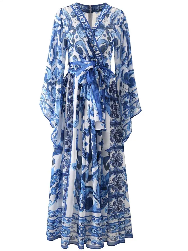 chinese dress ladies V-Neck Long Dress Thailand White & Blue main image 0
