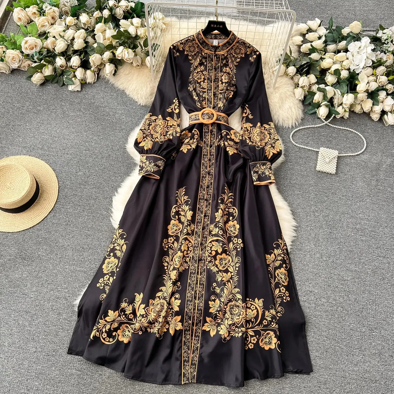 DHgate.com:Porcelain Print Maxi Dress with Lantern Sleeves