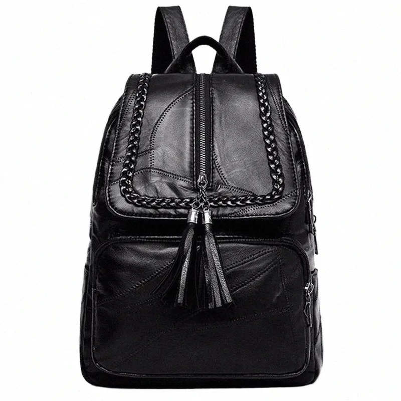 Classic Black Leather Backpack for Women Waterproof School Bag