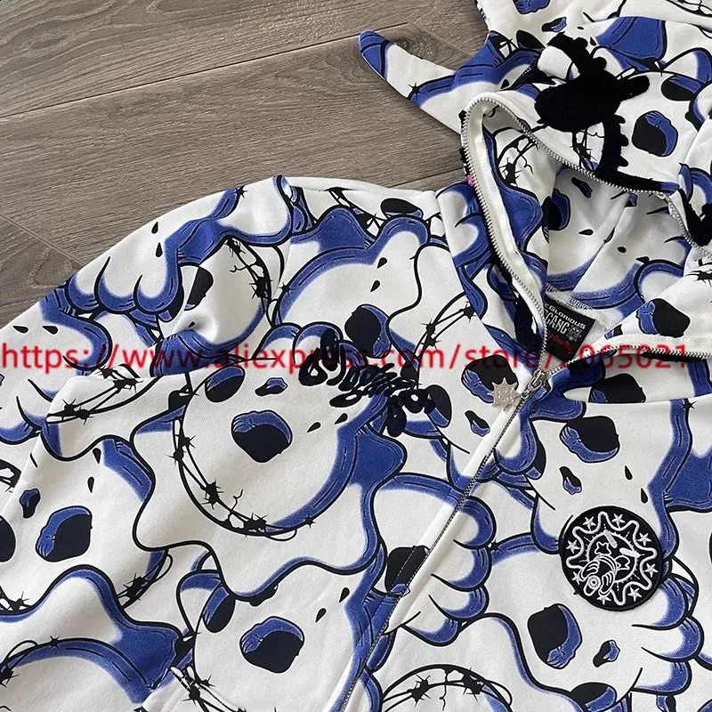 Vintage Glo Gang Style Full Zip Hoodie - Blue Cartoon Camo Print