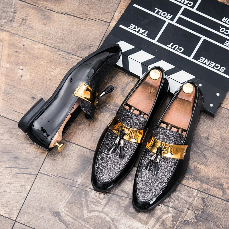 Men's Flat Black Golden Formal Patchwork PU Leather Dress Shoes Slip-On Pumps for Spring and Fall from Dhgate Dress Shoes - price 70.36 Men's Flat Black Golden Formal Patchwork PU Leather Dress Shoes Slip-On Pumps for Spring and Fall from Dhgate Dress Shoes - price 70.36
