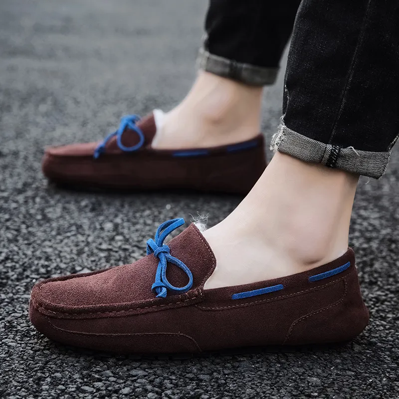 Mocasines de ante afelpado para hombre, informales, de marca, cálidos, de piel, para invierno, sin cordones, planos, para conducir, náuticos_voghion.com